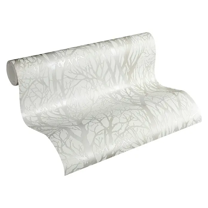 A.S. Création New Life Vliestapete Bäume - Weiß/Silber, Floral, 10,05 x 0,53 m - Ein aufgerolltes Stück Tapete mit einem eleganten, silbrigen Baumdesign auf schwarzem Hintergrund.
