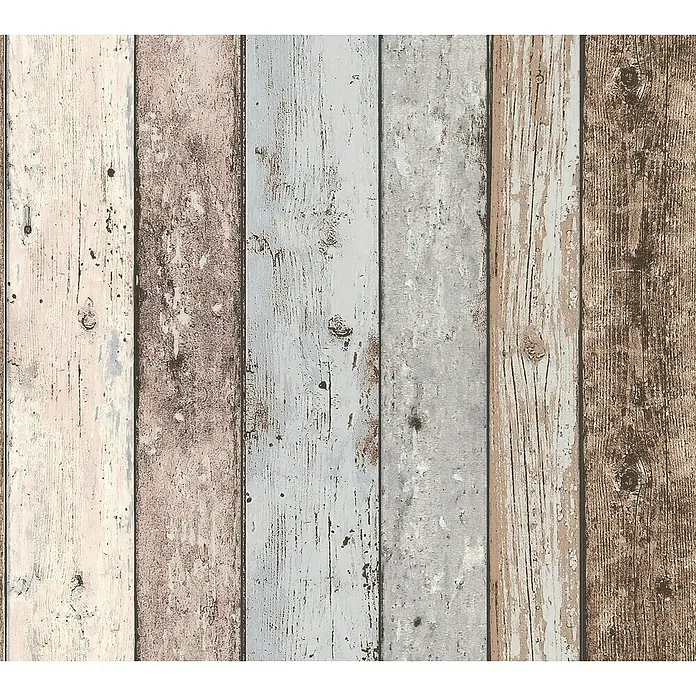 A.S. Création Elements Vliestapete - Braun/Blau/Beige, Holzoptik, 10,05 x 0,53 m - Detailaufnahme einer Fototapete mit einem attraktiven Vintage-Holzdesign. Die Bretter in verschiedenen Farben verleihen einen rustikalen Charme.