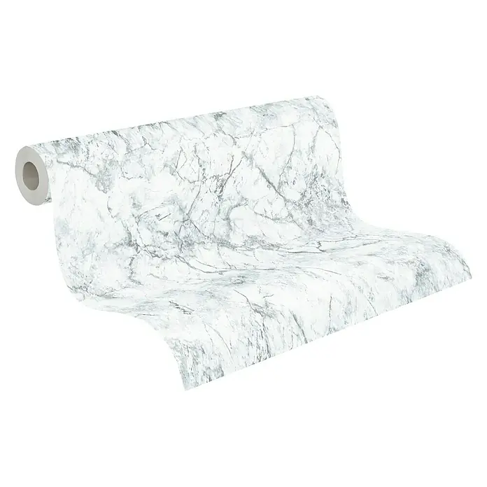 A.S. Création Elements Vliestapete Marmor - Weiß/Grau, Steinoptik, 10,05 x 0,53 m - Die Abbildung zeigt eine Rolle Marmortapete, deren elegantes Muster jedem Raum eine edle Note verleiht und stilvolle Akzente setzt.
