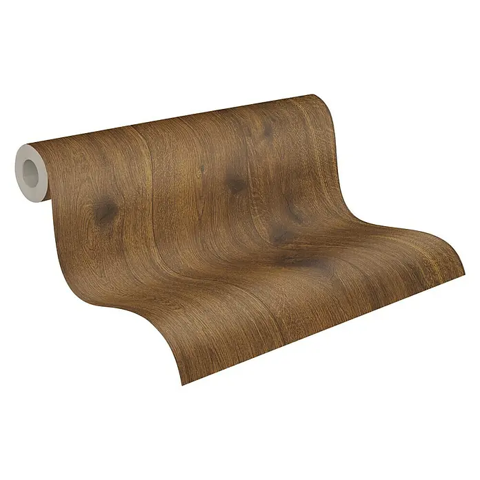 A.S. Création Elements Vliestapete Wood - Braun, Holzoptik, 10,05 x 0,53 m - Nahaufnahme einer Rolle Holzoptik-Tapete. Das Muster ahmt die Maserung von Holz nach und verleiht Räumen ein natürliches Flair.