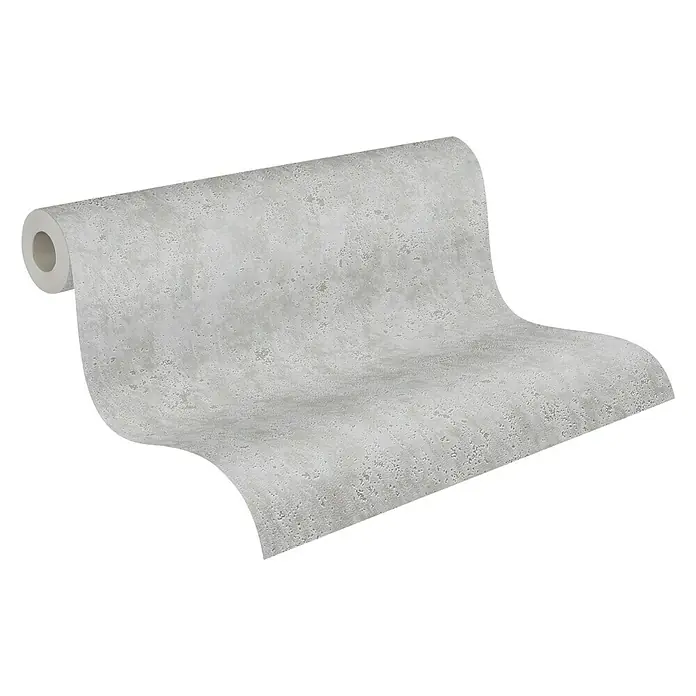 A.S. Création Elements Vliestapete Uni - Grau, Betonoptik, 10,05 x 0,53 m - Nahaufnahme einer Rolle grauer Beton-Optik-Tapete, die eine moderne und industrielle Ästhetik für Innenräume bietet.