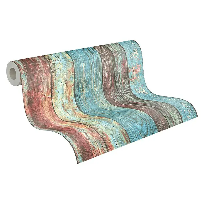 A.S. Création Elements Vliestapete - Bunt, Holzoptik, 10,05 x 0,53 m - Eine Rolle Vinyltapete mit einem Holzplanken-Design in Blau- und Rottönen, die jedem Raum einen rustikalen Charme verleiht.