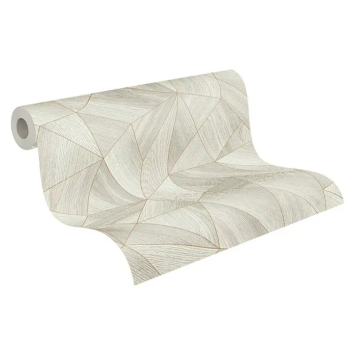 A.S. Création Elements Vliestapete - Grau/Gold, Grafisch, 10,05 x 0,53 m - Detailaufnahme einer Rolle Tapete mit einem geometrischen Holzdesign in hellen Farben, ideal für moderne Innenräume.