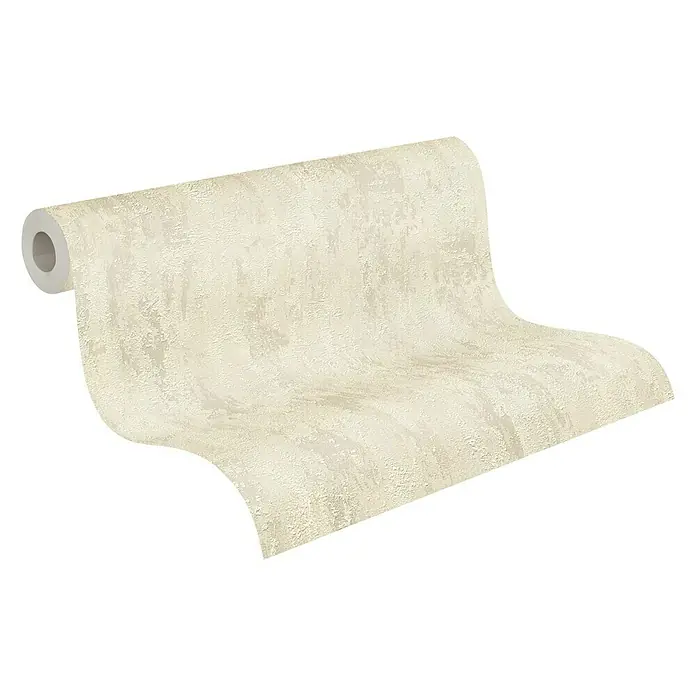 A.S. Création Elements Vliestapete Patina - Beige/Creme, Metalloptik, 10,05 x 0,53 m - Nahaufnahme einer Rolle beiger Tapete mit subtilem Texturmuster. Ideal für eine stilvolle Wandgestaltung im Innenbereich.