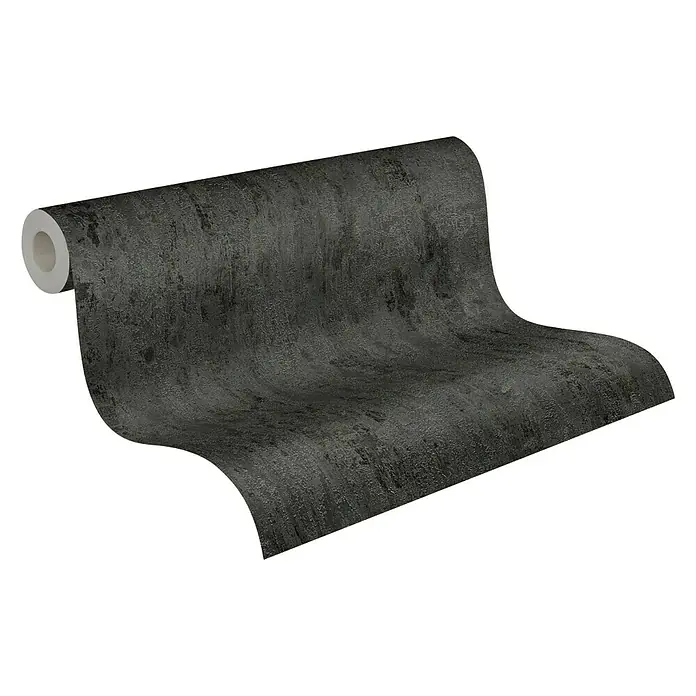 A.S. Création Elements Vliestapete Patina - Schwarz, Metalloptik, 10,05 x 0,53 m - Nahaufnahme einer Rolle mit grauer Tapete mit abstrakter Textur vor einem neutralen Hintergrund. Ideal für Wanddekoration.