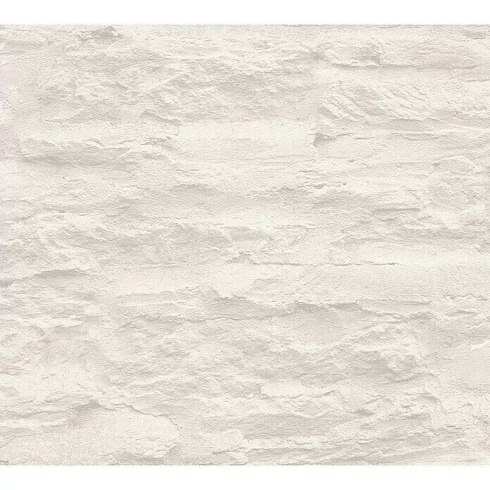 A.S. Création Elements Vliestapete - Creme/Weiß, Steinoptik, 10,05 x 0,53 m - Cremefarbene, strukturierte Wand mit unregelmäßiger, rauer Oberfläche.