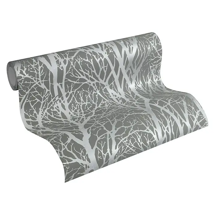 A.S. Création New Life Vliestapete Bäume - Grau/Silber, Floral, 10,05 x 0,53 m - Eine Rolle silberfarbene Tapete mit einem stilvollen Baumzweigmuster. Dekorativ für Wohnräume, diese Tapete bringt einen modernen Touch.