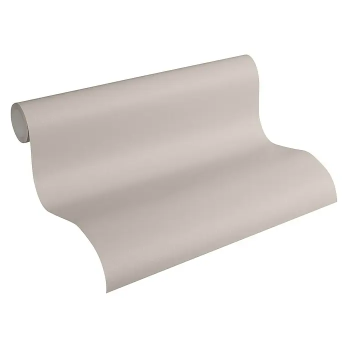 A.S. Création New Life Vliestapete - Grau/Beige, Uni, 10,05 x 0,53 m - Eine Rolle elegante, schlichte Tapete in einem sanften Farbton, perfekt für moderne Innenräume. Die Tapete ist auf einer Rolle aufgerollt präsentiert.
