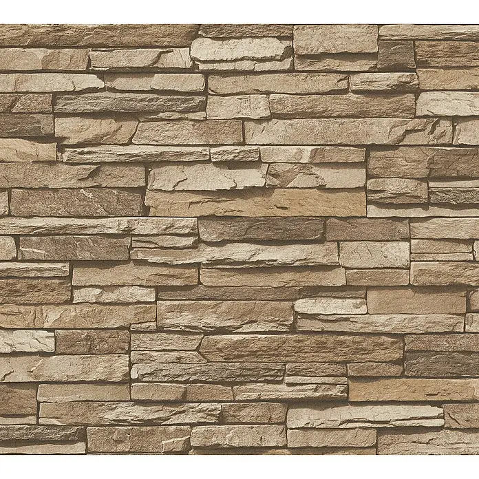 A.S. Création Elements Vliestapete Mauersteine - Braun/Beige, Steinoptik, 10,05 x 0,53 m - Nahaufnahme einer dekorativen Wandverkleidung mit braunen Steinen in verschiedenen Größen und Texturen für ein rustikales Ambiente.