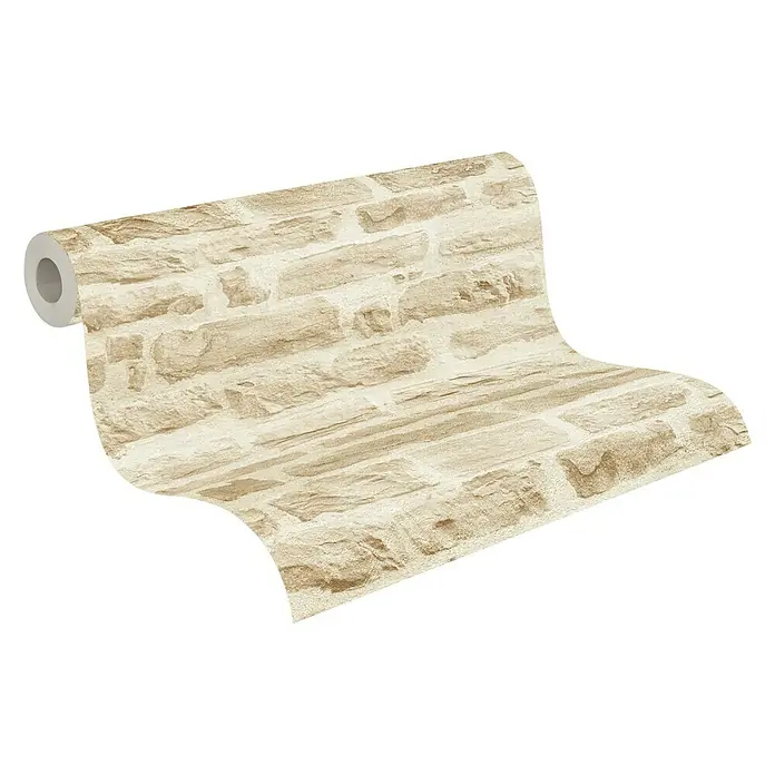 A.S. Création Elements Vliestapete Steine I - Beige, Steinoptik, 10,05 x 0,53 m - Ein Detailansicht einer Rolle mit einer steinernen Backsteinmuster-Tapete, die eine realistische Wandstruktur für Innenräume bietet.