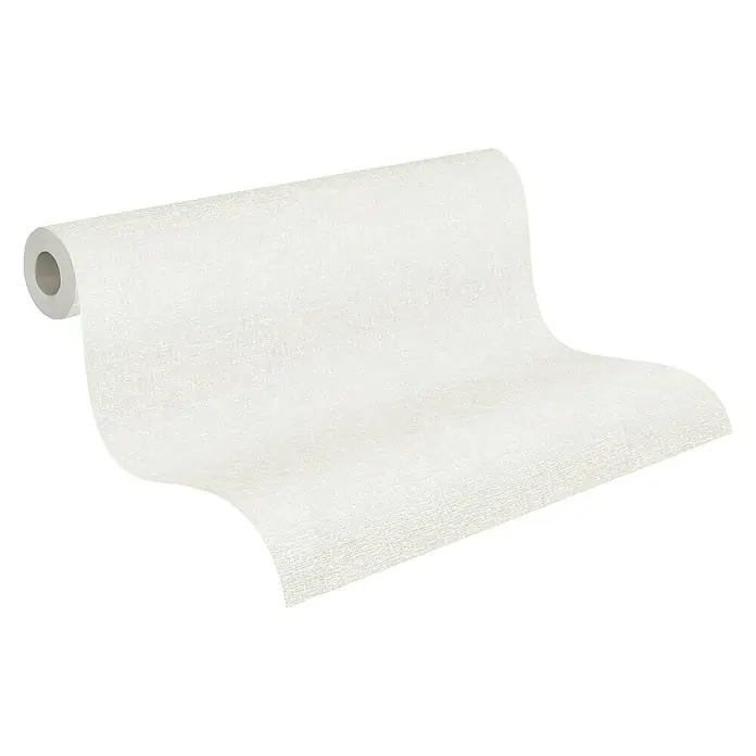A.S. Création New Life Vliestapete - Creme/Weiß, Uni, 10,05 x 0,53 m - Eine Nahaufnahme einer Rolle weißer Tapete, die ein dezentes und elegantes Muster aufweist, ideal für die Wandgestaltung.