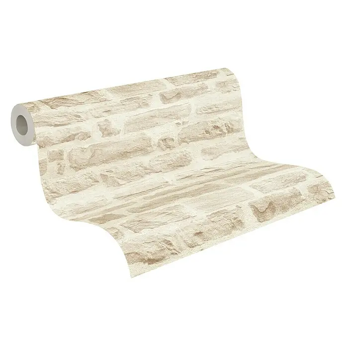 A.S. Création Elements Vliestapete Steine I - Creme, Steinoptik, 10,05 x 0,53 m - Nahaufnahme einer Rolle Vliestapete mit einem hellen Steinmuster, ideal für die Wandgestaltung im Innenbereich.