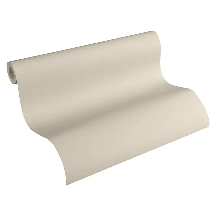 A.S. Création New Life Vliestapete - Beige, Uni, 10,05 x 0,53 m - Nahaufnahme einer Rolle eleganter, einfarbiger Tapete. Perfekt für modernes Innendesign, verleiht jedem Raum eine ruhige und stilvolle Note.