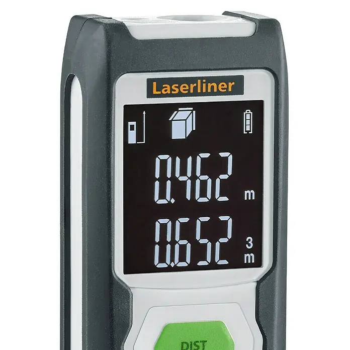 Laserliner Laserentfernungsmesser LaserRange-Master Gi4 - Messbereich: 0,3 - 40 m, Mit Tasche - Nahaufnahme eines Laserliner-Entfernungsmessers mit digitaler Anzeige von Messwerten.