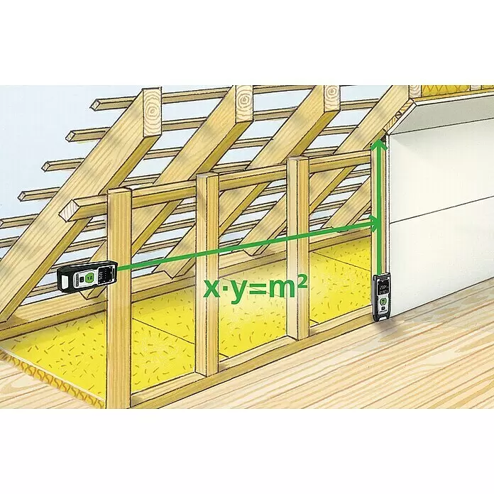 Laserliner Laserentfernungsmesser LaserRange-Master Gi4 - Messbereich: 0,3 - 40 m, Mit Tasche - Zwei schwarz-grüne Laser-Entfernungsmesser berechnen die Fläche in einem Dachstuhl aus Holz.