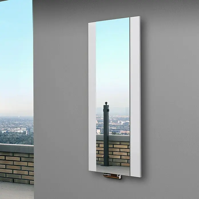 Szagato Designheizkörper Singapur - B x H: 470 x 1.200 mm, Wärmeleistung bei Vorlauftemperatur von 75 °C (D: 50): 799 W, Weiß, Ohne Handtuchhalter - Elegantes Spiegelflächen-Heizpaneel in schlankem Design. Das Paneel reflektiert die Außenansicht und fügt sich nahtlos in moderne Räume ein.