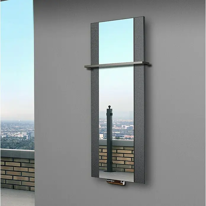 Szagato Designheizkörper Singapur - B x H: 470 x 1.200 mm, Wärmeleistung bei Vorlauftemperatur von 75 °C (D: 50): 799 W, Moonstone-Grau, Mit 1 Handtuchhalter (15 mm) - Dieser moderne Wandspiegel mit Ablage ist ein echter Hingucker. Das schlichte Design passt perfekt in jedes Badezimmer.