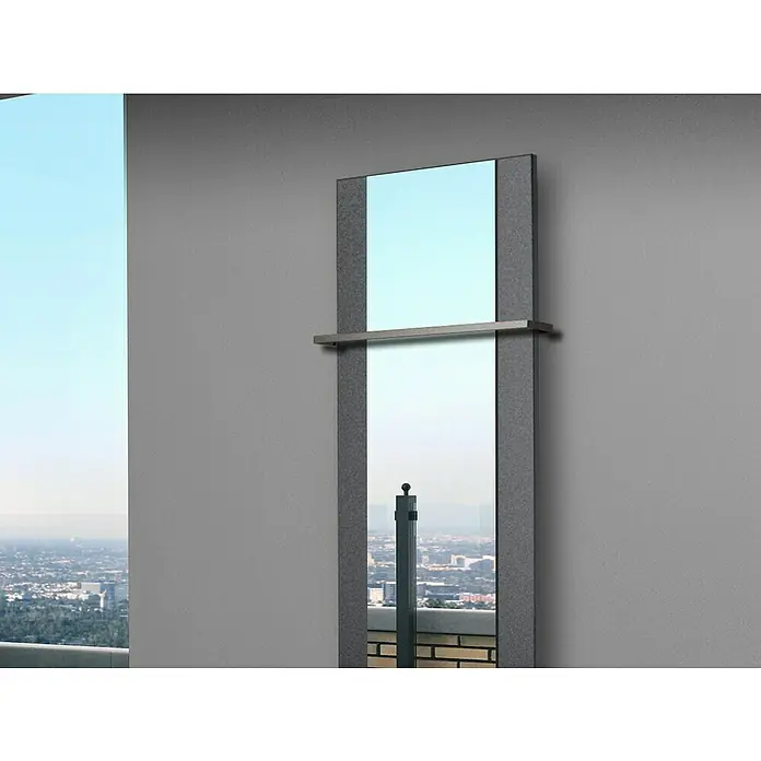 Szagato Designheizkörper Singapur - B x H: 470 x 1.200 mm, Wärmeleistung bei Vorlauftemperatur von 75 °C (D: 50): 799 W, Moonstone-Grau, Mit 1 Handtuchhalter (15 mm) - Elegantes, rahmenloses Spiegeldesign mit integriertem Regal, perfekt für moderne Badezimmer oder Ankleidezimmer, das einen Hauch von Luxus verleiht.