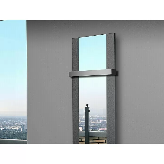 Szagato Designheizkörper Singapur - B x H: 470 x 1.200 mm, Wärmeleistung bei Vorlauftemperatur von 75 °C (D: 50): 799 W, Moonstone-Grau, Mit 1 Handtuchhalter (50 mm) - Stimmungsaufnahme