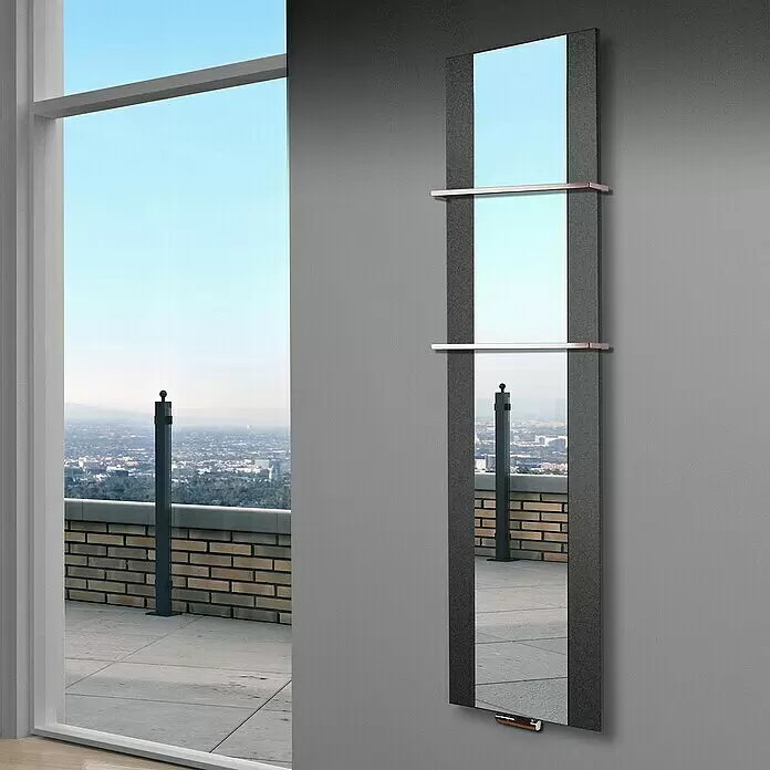 Szagato Designheizkörper Singapur - B x H: 470 x 1.800 mm, Moonstone-Grau, Mit 2 Handtuchhalter (15 mm) - Stimmungsaufnahme