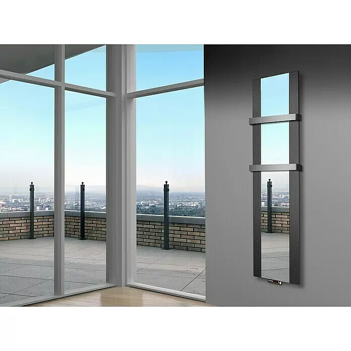 Szagato Designheizkörper Singapur - B x H: 470 x 1.800 mm, Moonstone-Grau, Mit 2 Handtuchhalter (50 mm) - Stimmungsaufnahme