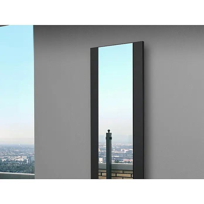 Szagato Designheizkörper Singapur - B x H: 470 x 1.200 mm, Wärmeleistung bei Vorlauftemperatur von 75 °C (D: 50): 799 W, Schwarz, Ohne Handtuchhalter - Dieses Bild zeigt einen schmalen, rechteckigen Spiegel mit einem dunklen Rahmen, der ein modernes Designelement darstellt.
