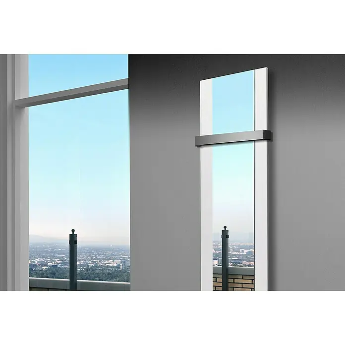 Szagato Designheizkörper Singapur - B x H: 470 x 1.800 mm, Weiß, Mit 1 Handtuchhalter (50 mm) - Eleganter Design-Heizkörper mit Spiegel, der Funktionalität und Ästhetik vereint. Das moderne Heizsystem reflektiert stilvoll das Umgebungslicht.