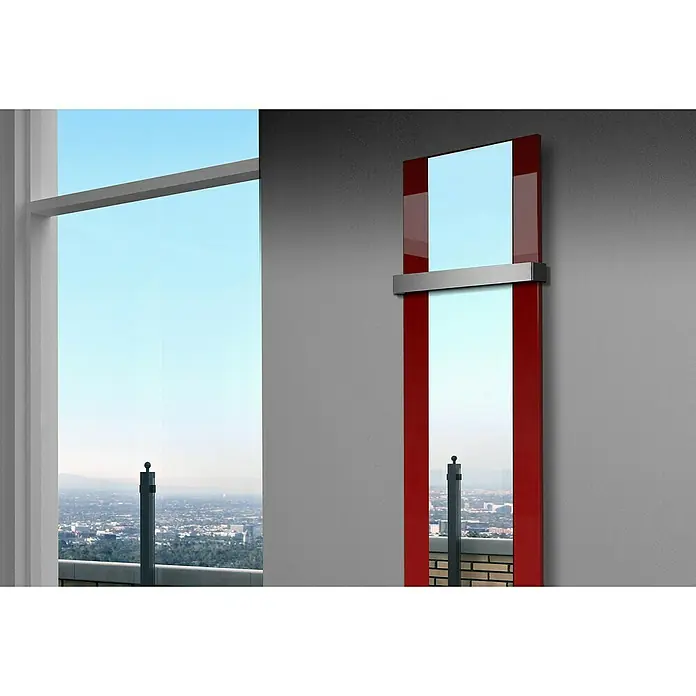 Szagato Designheizkörper Singapur - B x H: 470 x 1.800 mm, Rot, Mit 1 Handtuchhalter (50 mm) - Modernes Spiegelheizpaneel in elegantem Design. Perfekt für Badezimmer oder Flur, vereint Funktionalität & stilvolles Aussehen.