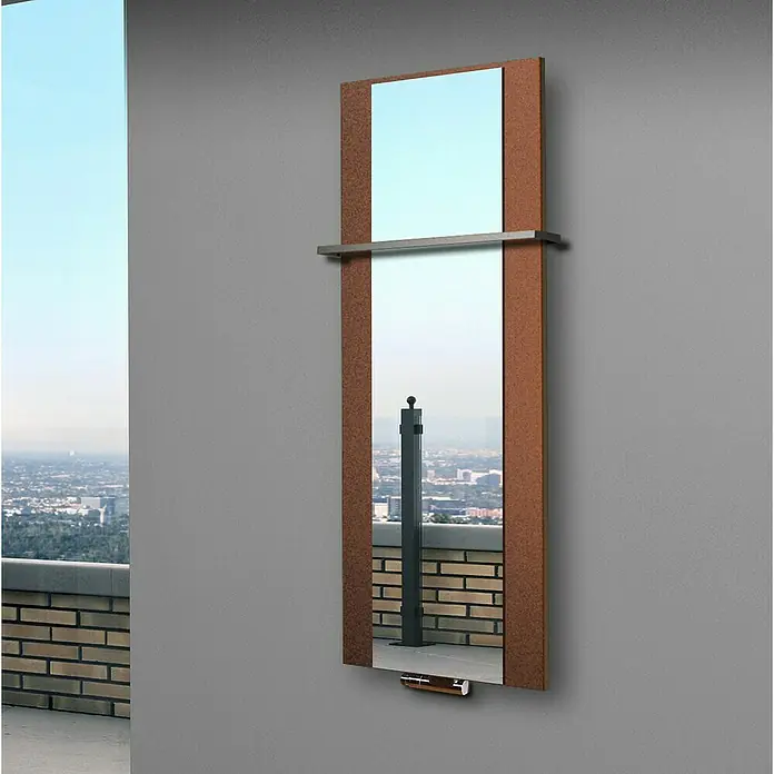 Szagato Designheizkörper Singapur - B x H: 470 x 1.200 mm, Wärmeleistung bei Vorlauftemperatur von 75 °C (D: 50): 799 W, Braun, Silber, Mit 1 Handtuchhalter (15 mm) - Elegantes Accessoire: Ein schlanker Spiegel mit Ablagefach, perfekt für moderne Innenräume, reflektiert stilvoll die Umgebung.