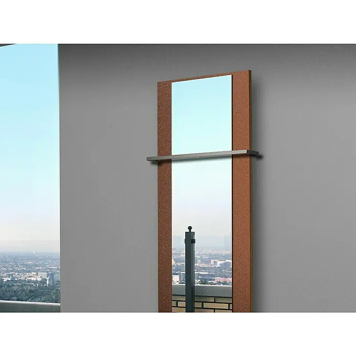 Szagato Designheizkörper Singapur - B x H: 470 x 1.200 mm, Wärmeleistung bei Vorlauftemperatur von 75 °C (D: 50): 799 W, Braun, Silber, Mit 1 Handtuchhalter (15 mm) - Elegantes, rahmenförmiges Spiegeldesign mit integriertem Regal, das Funktionalität und stilvolle Dekoration vereint und eine moderne Note verleiht.