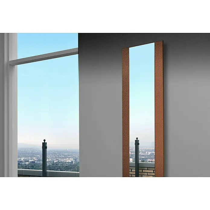 Szagato Designheizkörper Singapur - B x H: 470 x 1.800 mm, Braun, Silber, Ohne Handtuchhalter - Dieses Bild zeigt einen schlanken Spiegel mit braunem Rahmen, der das Panorama einer Stadt widerspiegelt und für modernes Flair sorgt.
