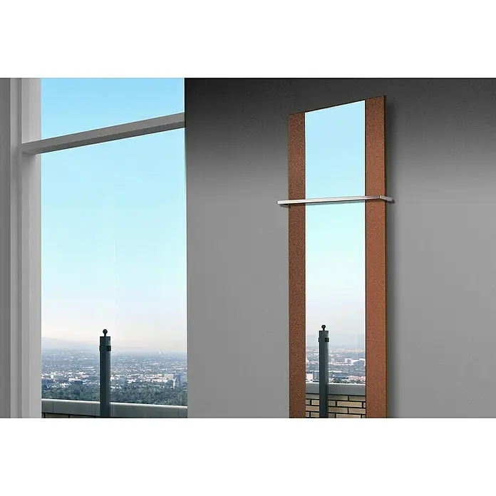 Szagato Designheizkörper Singapur - B x H: 470 x 1.800 mm, Braun, Silber, Mit 1 Handtuchhalter (15 mm) - Elegantes, rechteckiges Spiegeldesign mit Holzrahmen und Ablage, das jedem Raum einen modernen Touch verleiht. Perfekt für stilbewusste Einrichtungen.