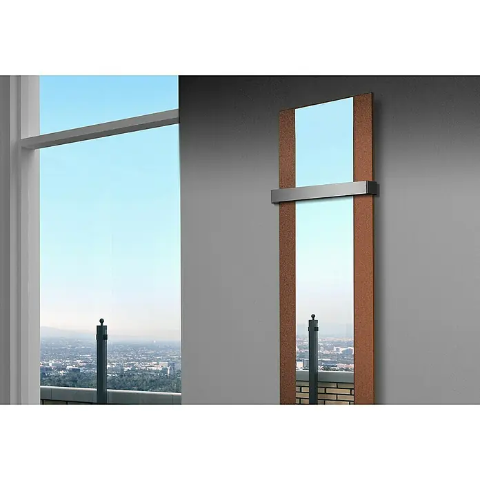 Szagato Designheizkörper Singapur - B x H: 470 x 1.800 mm, Braun, Silber, Mit 1 Handtuchhalter (50 mm) - Elegantes Spiegelfeld mit Holzrahmen und Metallakzenten.