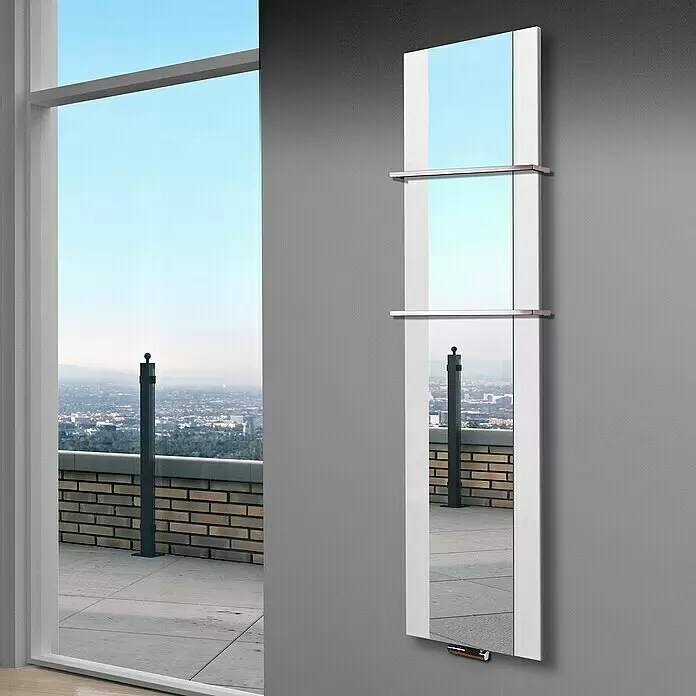 Szagato Designheizkörper Singapur - B x H: 470 x 1.800 mm, Weiß, Mit 2 Handtuchhalter (15 mm) - Stimmungsaufnahme