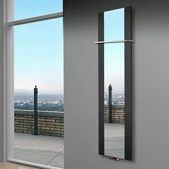 Szagato Designheizkörper Singapur - B x H: 470 x 1.800 mm, Schwarz, Mit 1 Handtuchhalter (15 mm) - Stimmungsaufnahme