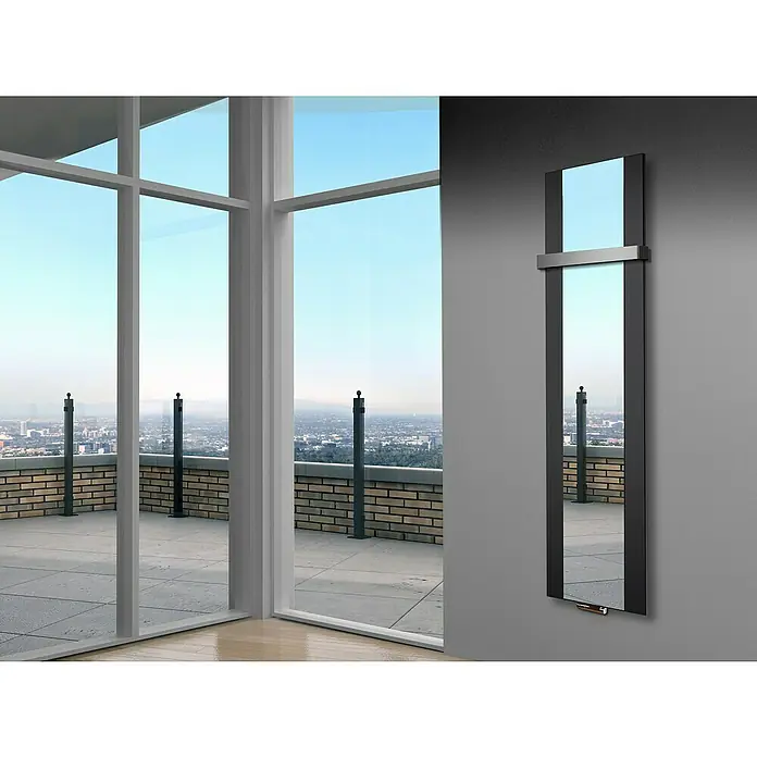 Szagato Designheizkörper Singapur - B x H: 470 x 1.800 mm, Schwarz, Mit 1 Handtuchhalter (50 mm) - Elegantes Design: Ein schlanker, moderner Spiegelheizkörper mit minimalistischem Rahmen und Ablage, der Wärme und Stil vereint.