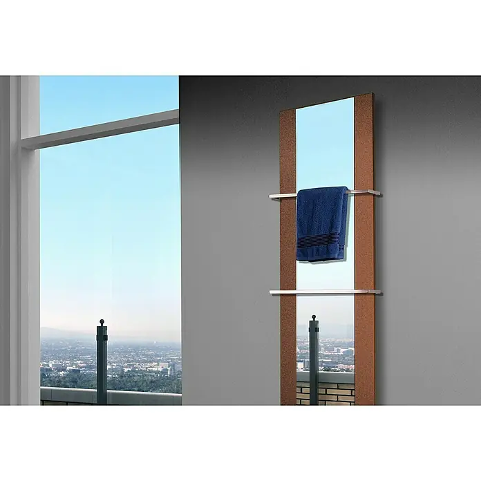 Szagato Designheizkörper Singapur - B x H: 470 x 1.800 mm, Braun, Silber, Mit 2 Handtuchhalter (15 mm) - Handtuchwärmer mit Handtuch und zwei Handtuchhaltern. Er sorgt für warme Handtücher und ist eine stilvolle Ergänzung für jedes Badezimmer.