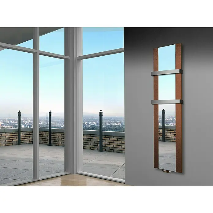 Szagato Designheizkörper Singapur - B x H: 470 x 1.800 mm, Braun, Silber, Mit 2 Handtuchhalter (50 mm) - Elegantes Spiegelfeldheizgerät mit Handtuchhalterung. Das stilvolle Design fügt sich nahtlos in moderne Badezimmer ein und bietet Wärme und Funktionalität.