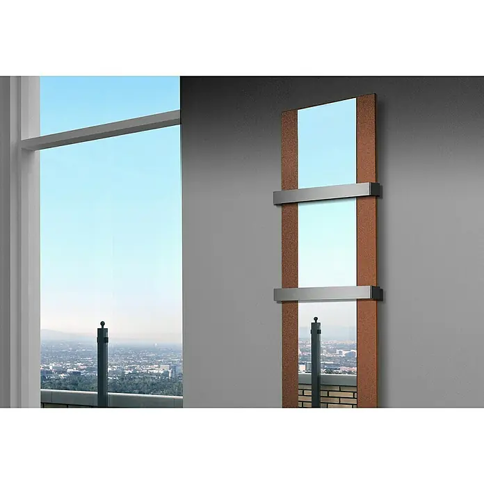 Szagato Designheizkörper Singapur - B x H: 470 x 1.800 mm, Braun, Silber, Mit 2 Handtuchhalter (50 mm) - Stylischer Design-Heizkörper mit integriertem Spiegel, der Eleganz und Funktionalität vereint. Ideal für moderne Badezimmer und Wohnräume.