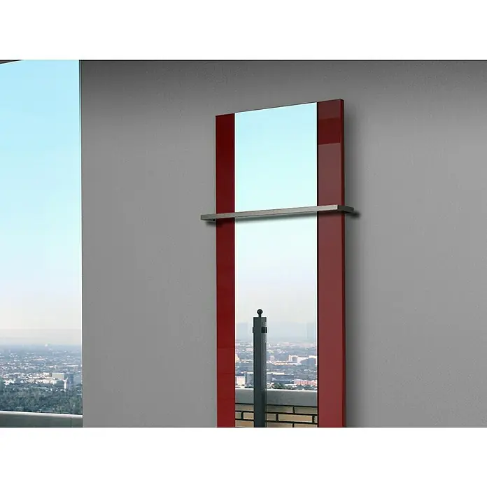 Szagato Designheizkörper Singapur - B x H: 470 x 1.200 mm, Wärmeleistung bei Vorlauftemperatur von 75 °C (D: 50): 799 W, Rot, Mit 1 Handtuchhalter (15 mm) - Elegantes rotes Spiegeldesign mit Ablage. Perfekt für Badezimmer oder Flur, bietet Stil und Funktionalität mit modernem Touch.