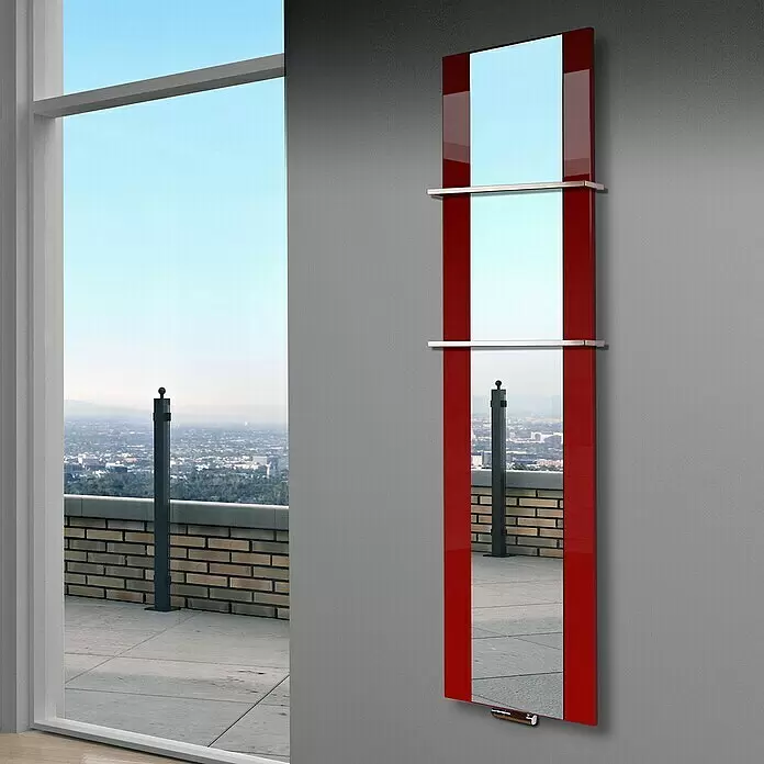 Szagato Designheizkörper Singapur - B x H: 470 x 1.800 mm, Rot, Mit 2 Handtuchhalter (15 mm) - Stimmungsaufnahme