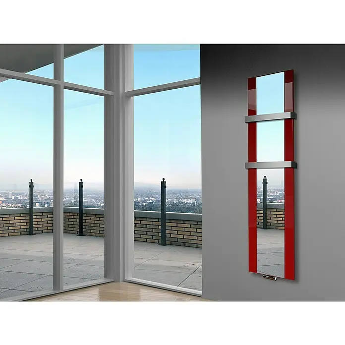 Szagato Designheizkörper Singapur - B x H: 470 x 1.800 mm, Rot, Mit 2 Handtuchhalter (50 mm) - Stilvoller Handtuchwärmer in Rot mit verspiegelten Flächen und Chromhalterungen. Perfekt für moderne Badezimmer mit Fokus auf Design und Funktionalität.