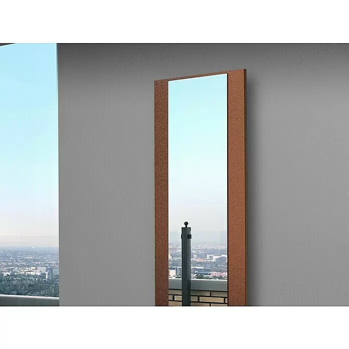 Szagato Designheizkörper Singapur - B x H: 470 x 1.200 mm, Wärmeleistung bei Vorlauftemperatur von 75 °C (D: 50): 799 W, Braun, Silber, Ohne Handtuchhalter - Hoher Spiegel mit braunem, strukturiertem Rahmen, der Stadtblick und Balkon reflektiert.