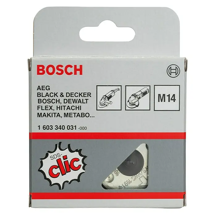 Bosch Schnellspannmutter - M14 Gewinde, 1 Stk. - Verpackung einer Bosch SDS-clic Trennscheibe mit Details zu Kompatibilität und Modellnummer für Werkzeugzubehör.
