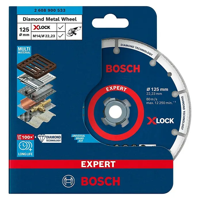 Bosch Professional X-Lock Diamant-Trennscheibe Diamond Metal Wheel X-Lock - 125 mm, Geeignet für: Metall, 1 Stk. - Abbildung einer Bosch Expert Diamant-Metalltrennscheibe mit X-LOCK Aufnahme, Durchmesser 125 mm, für diverse Materialien, hohe Lebensdauer.