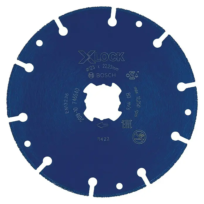 Bosch Professional X-Lock Diamant-Trennscheibe Diamond Metal Wheel X-Lock - 125 mm, Geeignet für: Metall, 1 Stk. - Blaue Bosch X-LOCK Trennscheibe mit technischen Details und Sicherheitsinformationen für präzise Schnitte.
