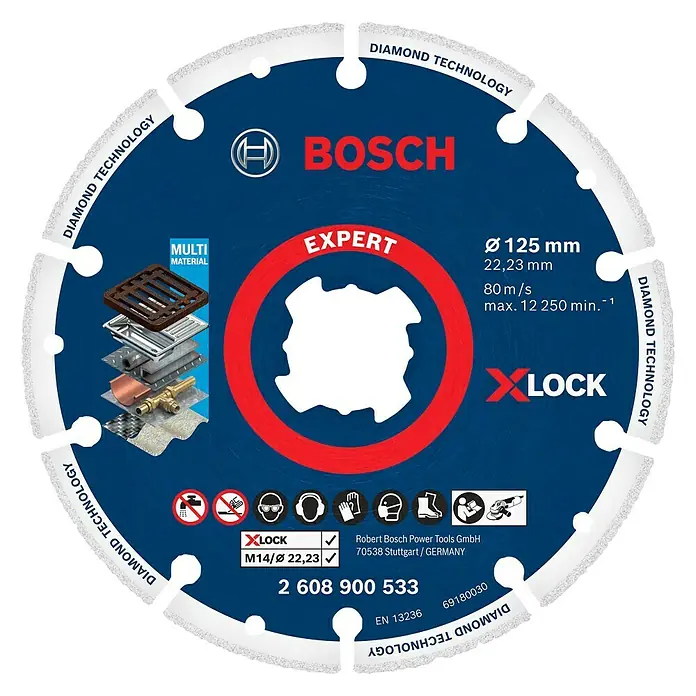 Bosch Professional X-Lock Diamant-Trennscheibe Diamond Metal Wheel X-Lock - 125 mm, Geeignet für: Metall, 1 Stk. - Das Bild zeigt eine Bosch Expert Diamanttrennscheibe, ideal zum Schneiden verschiedener Materialien mit hoher Präzision und langer Lebensdauer.