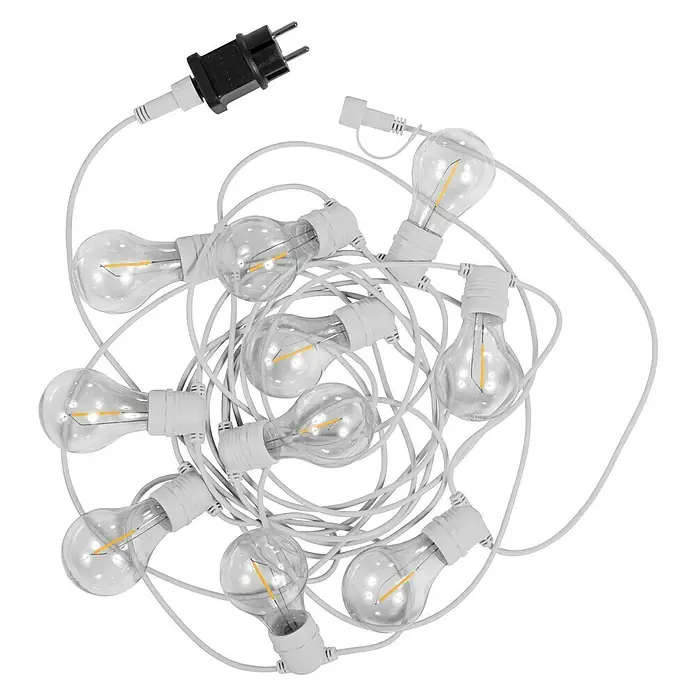 New Garden LED-Lichterkette Allegra - Außen, 8 m, Lichtfarbe: Neutralweiß - Abbildung einer Lichterkette mit mehreren klaren Glühbirnen, die sich in einem Durcheinander befinden und einen Stecker haben.