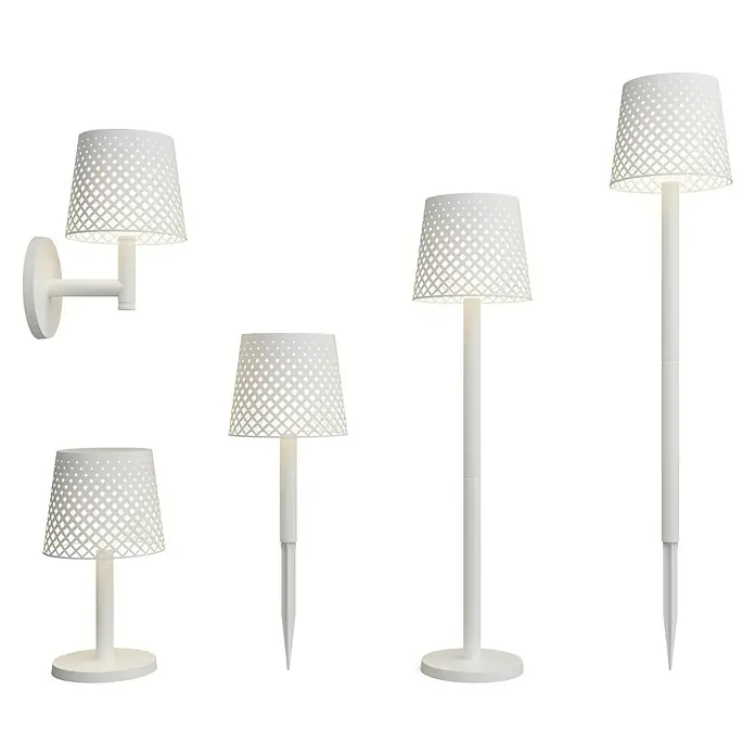 New Garden Lámpara decorativa solar Greta - 0,5 W, Blanco, IP65 - Una colección de lámparas blancas, incluyendo apliques, lámparas de mesa y de pie, con pantallas decorativas perforadas que crean un patrón de luz sutil.