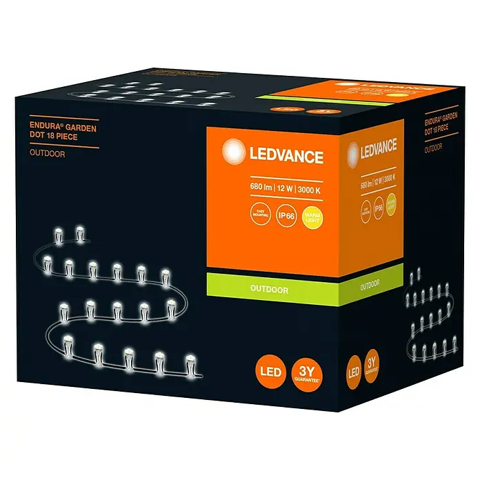 Ledvance LED-Lichterkette Endura Dot - Außen, 13,5 m, Anzahl Leuchtmittel: 18 Stk. - Produktbild: LEDVANCE Endura Garden Dot 18-teilige Outdoor-Lichterkette in der Verpackung, ideal für die Gartenbeleuchtung.
